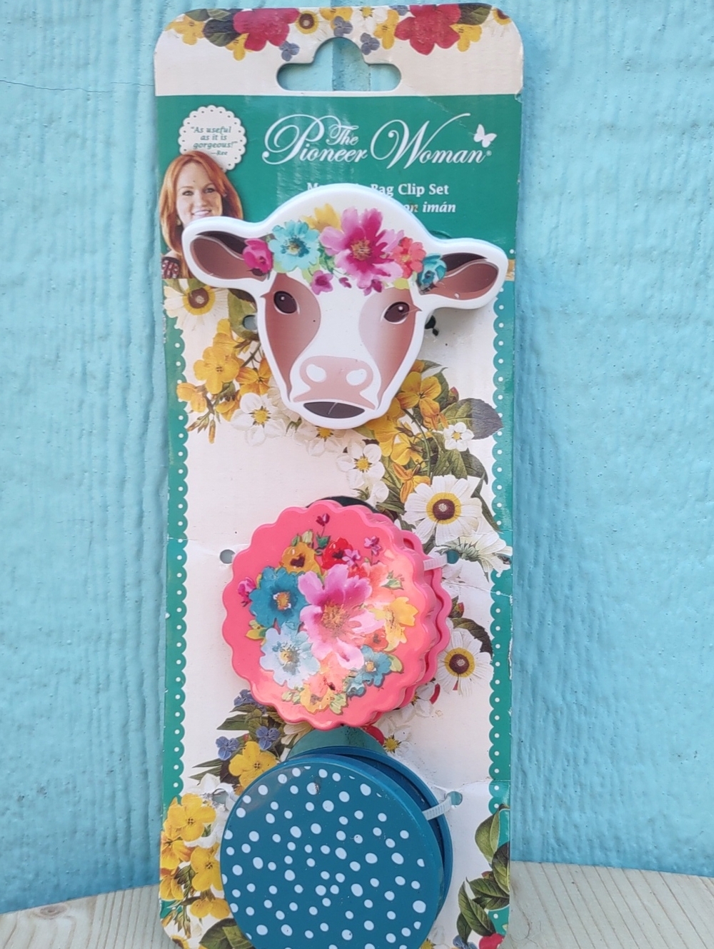 The Pioneer Woman Pink Floral Cow & Clip Set with Teal Polka Dot Clip